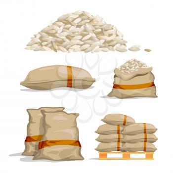 Different sacks of white rice. Food storage vector illustration. Grain rice in bag, sack with rice