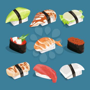 Vector illustration of japanese classical food. Rice, sushi and other. Set of japanese sushi food with rice and fresh fish