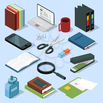3d office equipment isometric set. Books, folders, pencils and other stationery. Vector illustrations isolate folder and stapler, magnifying glass and book