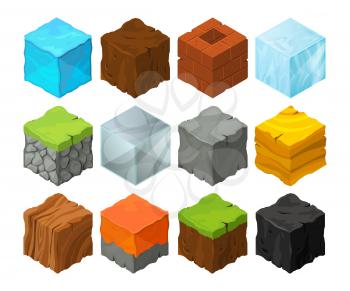 Isometric blocks with different texture for 3d game location design. Lava, stones, ice and grass. Metal and wood vector cubes for game isometric design, block ice wood and stone illustration