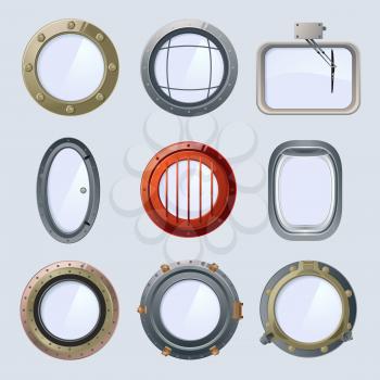 Different round ship and plane portholes. Vector illustration isolate on white. Window porthole for ship or plane