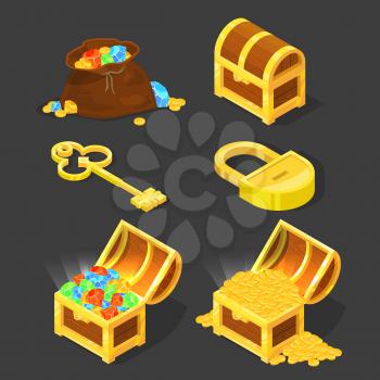 Old wooden chest with treasures, vintage key and lock. Vector illustrations in cartoon style. Treasure chest of diamonds and gold coins