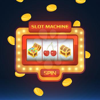 Armed bandit, game machine in casino with different isolated pictures. Open and closed chest with treasures and cherry. Casino slot machine for gambling game illustration