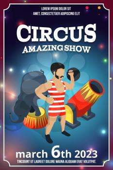 Poster design of circus show. Magic carnival illustrations in cartoon style. Vector picture with place for your text. Circus poster amazing show