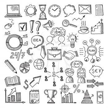 Hand drawn business icon set. Vector doodles illustrations isolate on white background. Sketch business time management, strategy and communication