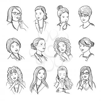 Hand drawn peoples with funny smiling faces and different emotions on it. Girls in business and casual costumes. Vector avatars set illustration