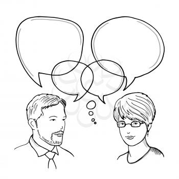 Hand drawn illustration of dialog between man and woman. Human business communication vector concept. Dialog people with speech bubble