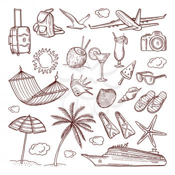 Summer time theme in hand drawn style. Vector doodles icon set. Collection of summer hand-drawn icons illustration