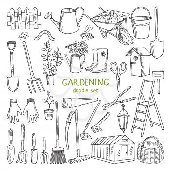 Vector hand drawn illustrations of gardening. Different doodle elements set for garden work. Gardening tool and equipment, hand drawn shovel and glove