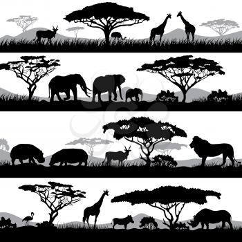 Wild african life. Background silhouettes of different animals and trees. Animal african wild black silhouette illustration