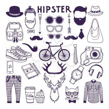 Hand drawn style doodle set of hipster elements. Vector illustrations set of hipster vintage hat and shirt, sneakers and backpack, beard and hair