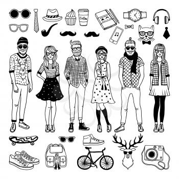 Funny hipster characters with funky fashioned elements isolate on white. Vector hand drawn illustrations hipster character man and woman