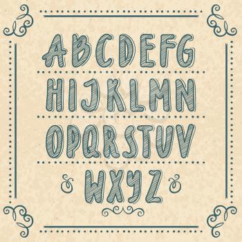 Hand drawn alphabet with doodle letters. Vector illustrations set. Vintage alphabet text, sketch doodle typography abc