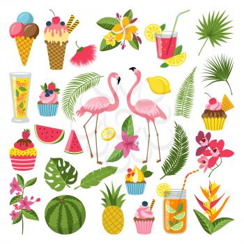 Summer time labels set for tropical party. Different icons in flat style. Drinks, watermelon, lemonade and flamingo. Summer holiday and tropical object food and beverage. Vector illustration