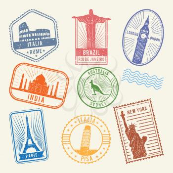 Postal stamps with famous world architecture symbols. Vector travel pictures. Stamp with architecture tourism, famous building landmark illustration