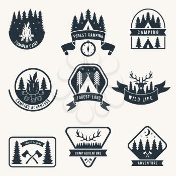 Adventure monochrome badges set. Silhouette of tent. Camping vector labels. Adventure travel logo, illustration of camping recreation logotype