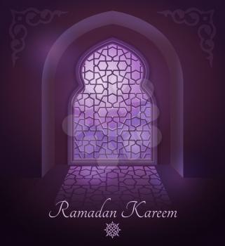 Arabic frames on traditional islamic door and window with ornament. Glossy moon on vector background. Ramadan kareem and window arabic illustration