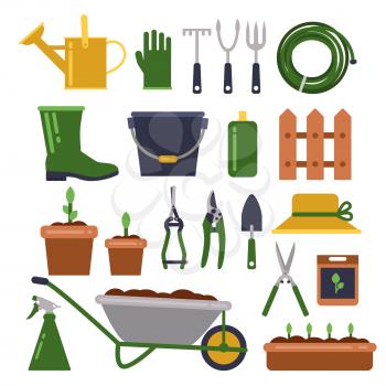Different work tools for gardening. Vector icons set in flat style. Garden equipment wheelbarrow and pruner for farming illustration