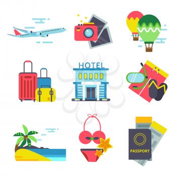 Travel time icon set in flat style. Vector signs of summer holidays. Sea, waves and other symbols of traveling. Travel holiday summer badge illustration