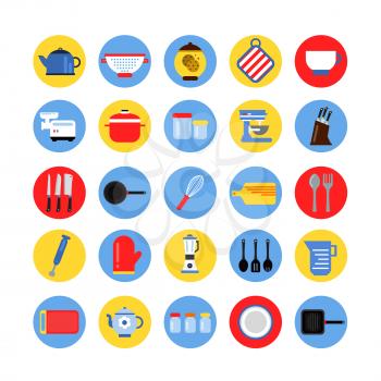Round icon set of kitchen tools in colored circles. Vector collection. Kitchen collection tools in colored round illustration