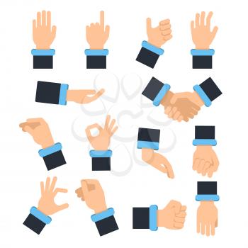 Holding hands in different action poses. Grabbing, taking and other. Vector pictures in flat style finger and hand pose illustration