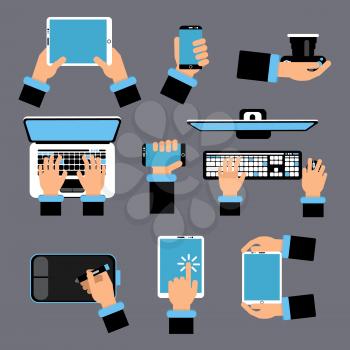 Hands holding different computer devices. Laptop, smartphone, tablet and other gadgets. Vector picture in flat style. Computer and laptop, gadget in human hand illustration