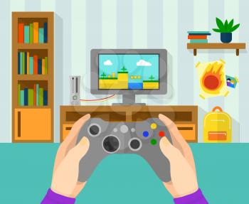 Interior of gamer room. Illustration of game controller in hands. Boy playing at video game on console. Vector gamer gaming in game in cartoon style