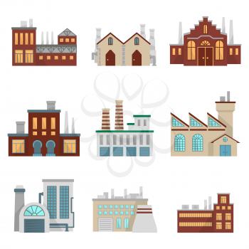 Factory illustrations set. Modern industrial buildings set isolate on white. Factory building industrial, power refinery manufactory