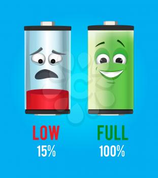 Concept illustration. Batteries characters with full and low charge. Vector mascot design. Power electricity battery low and full indicator
