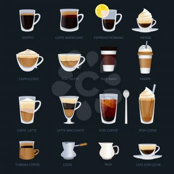 Mugs with different type of coffee. Espresso, cappuccino, macchiato and others. Vector illustrations set of coffee hot, espresso and latte in cartoon style