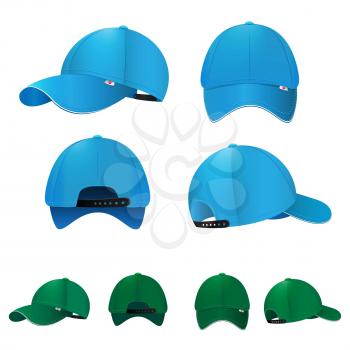 Blank baseball caps in different sides and colors. Vector illustration. Set of cap fashion, baseball sport cap