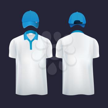 Baseball caps and casual t shirt polo in different sides. Vector illustration. Fashion cap and shirt for sport