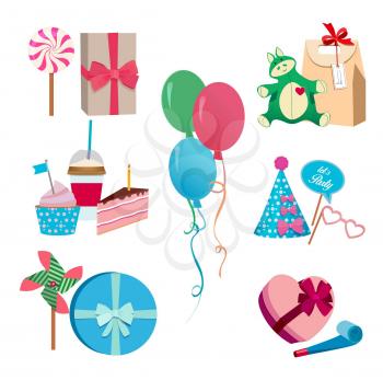 Festive or birthday party different vector elements set. Balloons, hats flags and colored masks. Carnival fun party holiday, flag and cake birthday illustration