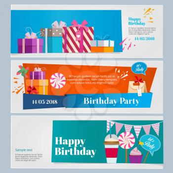 Horizontal banners set of birthday party celebration. Vector illustrations of ribbons and carnival mask. Design template with place for your text. Happy birthday banner, celebration and party card