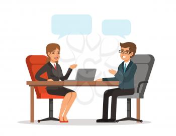 Business conversation. Man and woman at the table. Vector concept picture in cartoon style. Woman character person conversation with businessman illustration