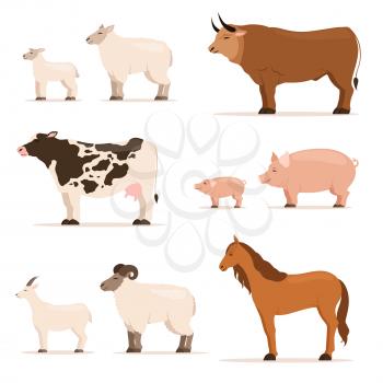 Animals on farm. Lamb, piglet, cow and sheep, goat. Vector set in cartoon style. Illustration of pig and cow, goat and farm sheep