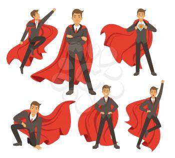 Powerful businessman in different action superhero poses. Vector illustrations in cartoon style. Power male in costume superhero, businessman standing