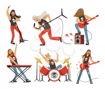 Funny cartoon characters in rock band. Musician in famous pop group. Vector rock group with singer and musical guitarist illustration