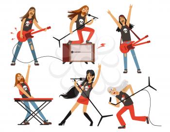 Guitar, amplifier and other music equipment. Rock or pop band characters. Vector illustrations set. Concert of rock band with music instrument