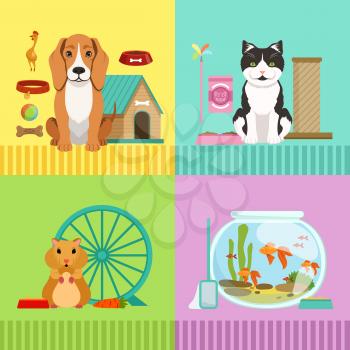 Conceptual illustrations of different pets. Dog, cat, hamster and fishes. Vet room in cartoon style with cute animals dog and cat