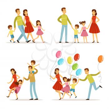 Happy family portrait. Father, mother and kids walking in park. Outdoor vector illustrations in cartoon style. Parents with happy children boy and girl