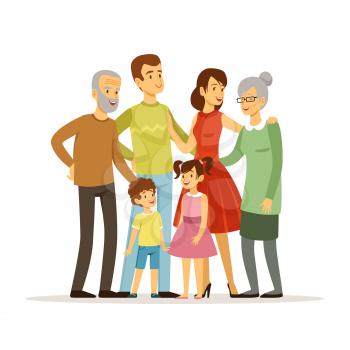 Vector illustration of big family with mother, father, grandmother and grandfather. Smiling peoples standing at action poses. Mother and grandfather grandmother, father and childern