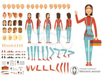Big creation kit of girl mechanic in working clothes. Vector constructor with body parts. Character woman mechanic cartoon illustration