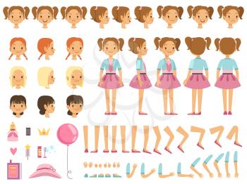 Mascot creation kit of little girl and some children toys. Vector constructor with fun emotions and different body parts. Constructor person character female illustration