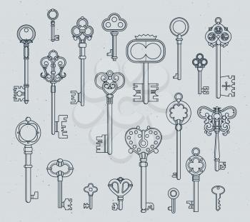 Antique keys set. Hand drawn medieval vector illustrations of old objects isolate on white. Collection of outline retro keys