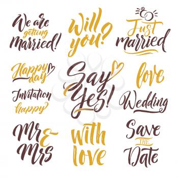 Save the date. Hand drawn letters. Lettering set with different words of invitation. Calligraphy lettering word love and wedding. Vector illustration