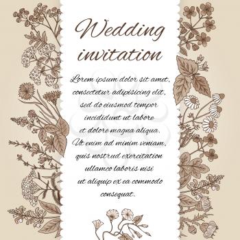 Template of wedding invitation in vintage style. There is place for text. Invitation decoration from hand drawn herbs. Wedding flower invitation. Vector illustration