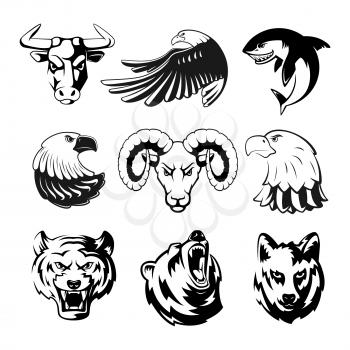Heads of animals for logo or sport symbols. Grizzly, bear and eagle. Monochrome mascots illustrations for labels. Wolf, shark and ram. Big vector set of animals heads tattoo