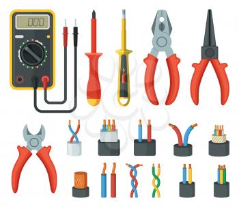 Electrical cable wires and different electronic tools. Cutter, multimeter. Vector illustrations isolated multimeter and electronic tool equipment, screwdriver and tester