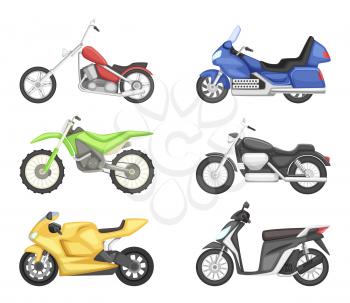 Chopper, cruiser sport bike and others types of motorcycles. Vector illustration set isolate on white background. Motorcycle for motocross, vintage classic scooter